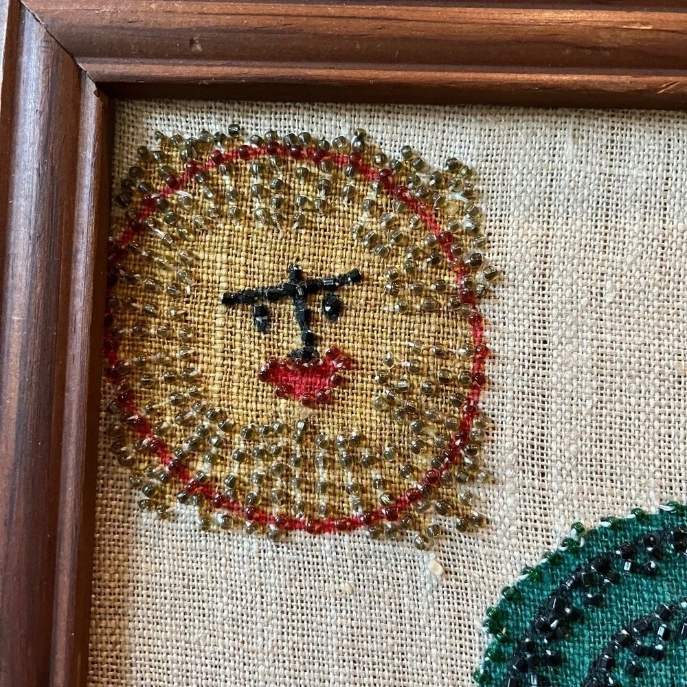 VTG Rooster Liquid Embroidery Woven Linen Pen Art w/Beaded Embellishment - Picture 4 of 12